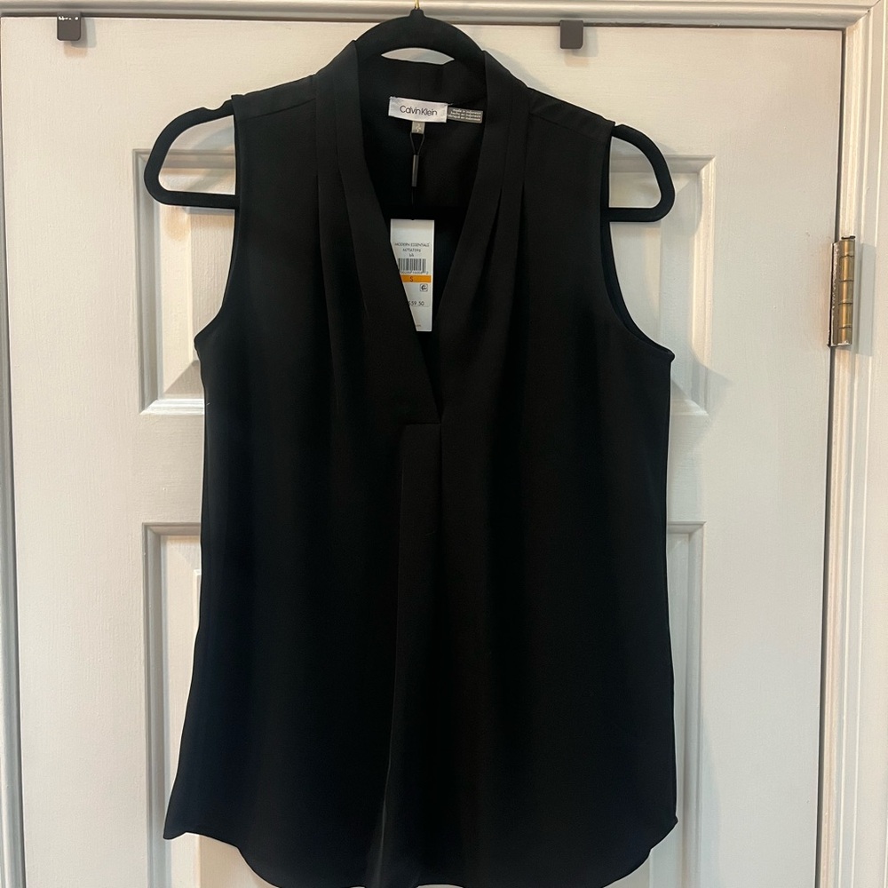 Calvin Klein Black Sleeveless Blouse with Mandarin Collar